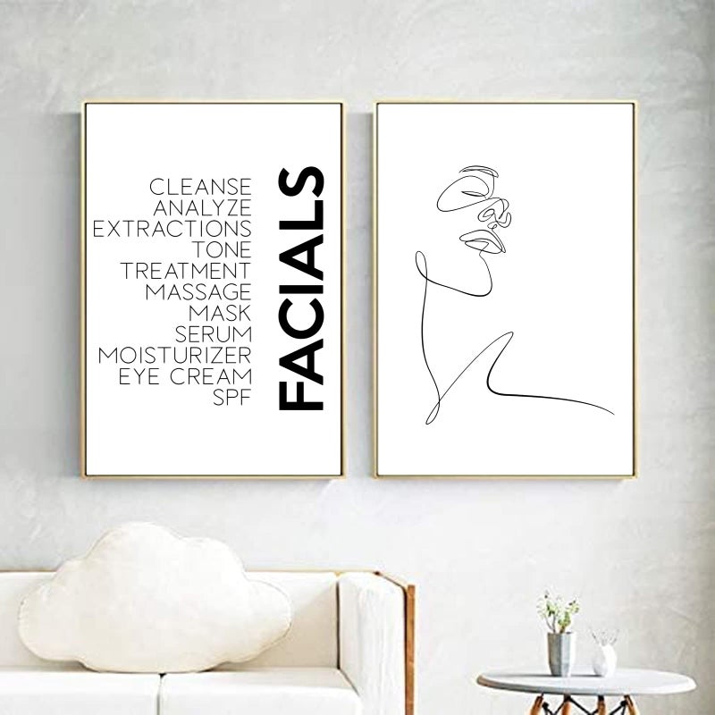 Ecyanlv Minimalist Line Art Print Facials Quotes Wall Art Black And White Canvas Print Spa Beauty Decor Woman Face Sketch One Line Drawing Art Painting Decor 16x24inch Unframed - Image 1